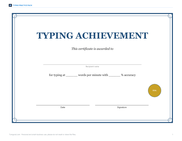 Preview of Printable Typing Certificate PDF
