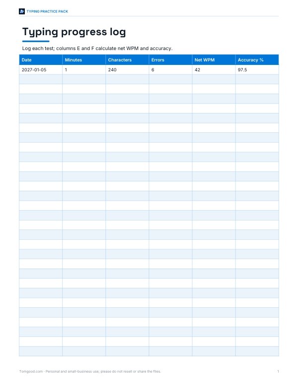 Preview of Printable Typing Progress Log